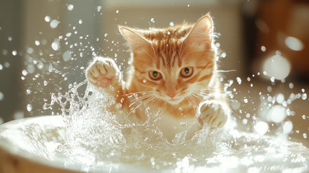 A playful orange tabby cat splashes joyfully in water, creating sparkling droplets and showcasing its energetic personality in a bright, cheerful setting.の素材