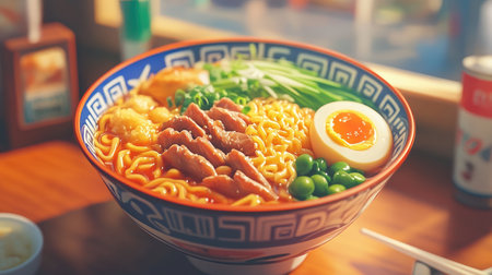 A vibrant bowl of ramen featuring tender meat, a soft-boiled egg, fresh vegetables, and flavorful broth. Perfect for food lovers and culinary enthusiasts.の素材