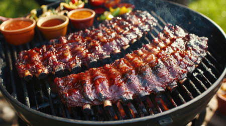Mouthwatering grilled ribs coated in rich BBQ sauce, beautifully charred and served on a charcoal grill. Perfect for a summer cookout or family meal.の素材