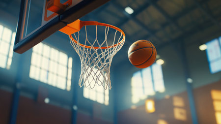 A basketball is soaring towards the hoop in a vibrant indoor gym. The scene captures the thrill of the game, showcasing action and athleticism.の素材