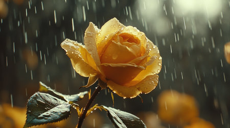 A stunning yellow rose gracefully stands in the rain, showcasing delicate droplets on its petals. The soft sunlight creates a serene and tranquil atmosphere, highlighting the beauty of nature.の素材