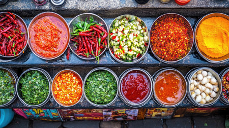 A vibrant collection of spices and condiments displayed at a bustling street stall, showcasing the rich flavors and colors of local cuisine. Ideal for culinary themes.の素材