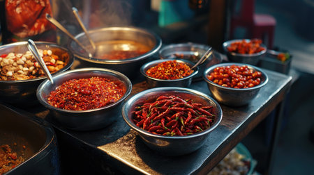A vibrant display of spices and ingredients showcases various chilies and flavors at a bustling food market stall, highlighting culinary diversity.の素材