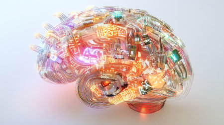A mesmerizing representation of a brain intertwined with vibrant LED circuits, symbolizing the fusion of technology and intelligence in a modern digital age.の素材