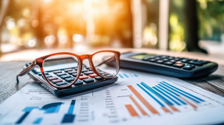 A close-up image featuring a calculator and glasses placed on financial documents with colorful charts. Ideal for business or finance-related themes.の素材