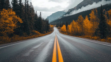 Explore a tranquil autumn road leading through vibrant trees and misty mountains. This serene landscape captures the essence of nature's beauty.の素材