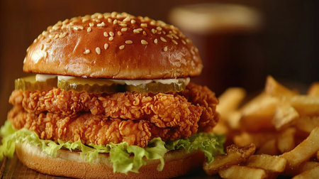 Delight in this mouthwatering fried chicken sandwich featuring crispy chicken, fresh lettuce, pickles, and golden fries on the side. Perfect for a hearty meal!の素材
