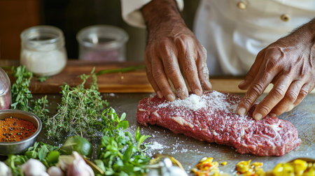 A close-up of hands seasoning fresh meat with herbs and salt, showcasing the culinary process in a rustic kitchen setting. Perfect for food-related projects.の素材