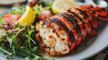 Indulge in a beautifully grilled lobster served with fresh salad and a lemon wedge, perfect for a summer meal or gourmet dining experience.の素材