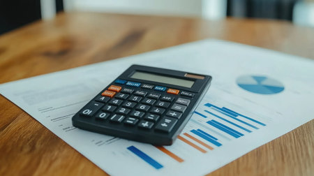 A calculator rests on a wooden table, surrounded by financial reports and charts, symbolizing business analysis and data management in a workspace.の素材