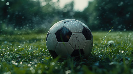 A close-up view of a soccer ball resting on wet grass after rain. The droplets on the ball glisten, creating a dynamic atmosphere for outdoor sports and play.の素材