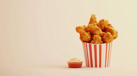 A vibrant image showcasing a serving of crispy fried chicken in a striped container, complemented by a side of creamy dipping sauce, perfect for any meal.の素材