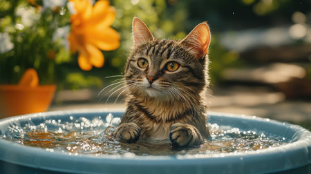 A delightful tabby cat playfully splashes in water, surrounded by colorful flowers. This cheerful scene captures the joy and curiosity of summer days.の素材
