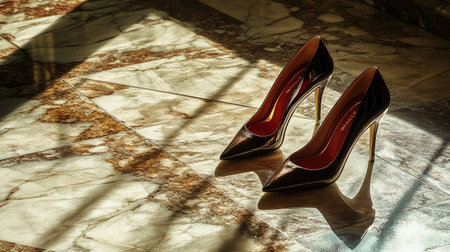 A pair of elegant high heel shoes resting on a luxurious marble floor. The warm lighting and shadows create a chic and stylish atmosphere, perfect for fashion photography.の素材