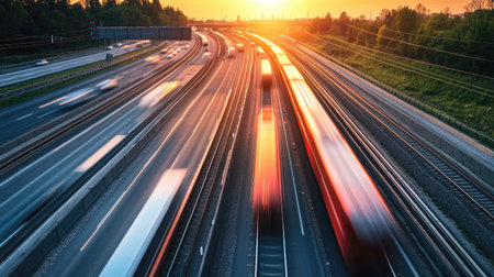 A stunning view of sunset illuminating a high-speed train and busy highway. The motion blur captures the energy of urban transportation, creating a vibrant, dynamic scene.の素材