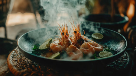 A vibrant seafood dish featuring succulent shrimp, garnished with fresh lime slices and herbs, creating an inviting and flavorful dining experience.の素材