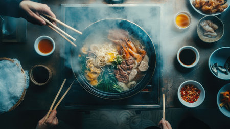 A tempting hot pot meal featuring fresh ingredients and steam rising. Perfect for a shared dining experience with family or friends, capturing warmth and flavor.の素材
