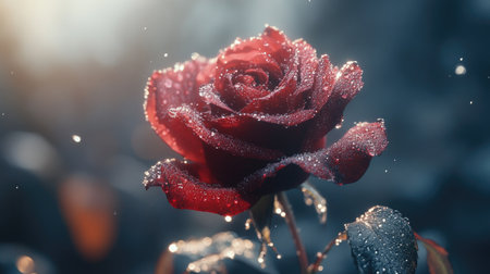A stunning close-up of a red rose covered in dew, illuminated by soft light. This image captures the essence of nature's beauty and serenity.の素材