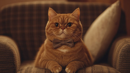A charming orange cat dressed in a stylish bow tie sits gracefully on a cozy couch. The relaxed pose and adorable expression create a warm, inviting atmosphere.の素材