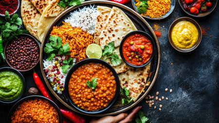 An appetizing Indian cuisine platter featuring rice, lentils, curries, and naan. Vibrant colors and fresh ingredients create a delightful culinary experience.の素材