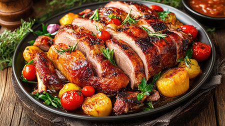 A beautifully arranged platter featuring succulent roasted meat garnished with herbs, juicy tomatoes, and vibrant vegetables, perfect for festive occasions.の素材