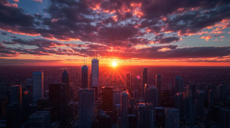 Experience a breathtaking view of a vibrant sunset over a bustling city skyline, with dramatic clouds painting the sky in rich colors. Perfect for city lovers.の素材