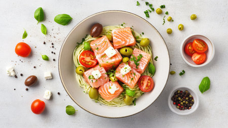 A vibrant and healthy dish featuring fresh salmon served over pasta with olives, tomatoes, and herbs. Perfect for an elegant meal or lunch.の素材