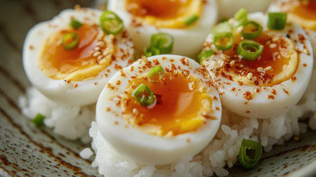 A delicious sushi dish featuring soft-boiled eggs atop a bed of rice, garnished with green onions for a beautiful and savory presentation.の素材