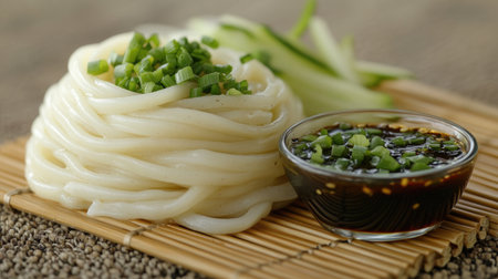 A close-up of fresh udon noodles garnished with green onions served with a savory dipping sauce. Perfect for an authentic Asian meal experience.の素材