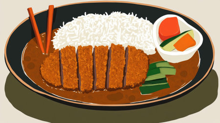 A vibrant and appetizing Asian curry meal featuring crispy breaded protein, fluffy rice, and colorful vegetables, perfect for any dining occasion.の素材