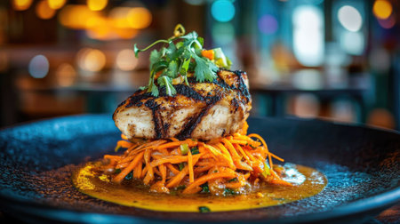 A beautifully plated grilled fish sits atop a nest of vibrant carrot noodles, drizzled with flavorful sauce, creating a stunning culinary masterpiece.の素材