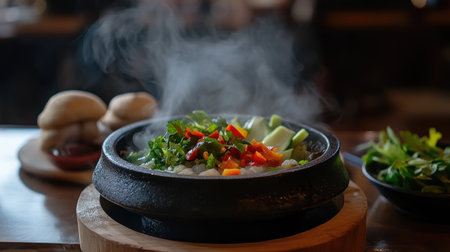 A steaming stone dish filled with vibrant, fresh vegetables, showcasing a healthy and colorful meal that is perfect for any dining experience.の素材