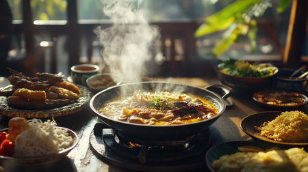 A steaming hot pot filled with fresh ingredients invites you to enjoy a flavorful meal. Rich aromas and vibrant colors create a comforting dining experience.の素材