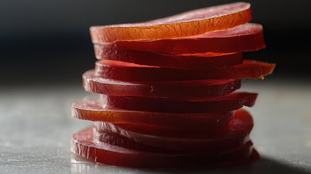 Close-up of freshly sliced red fruit stacked neatly. The vibrant color and smooth texture emphasize its natural appeal, perfect for food photography or culinary presentations.の素材