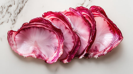 Beautiful slices of red cabbage arranged on a marble surface, showcasing vibrant colors and textures ideal for culinary presentations and healthy eating.の素材