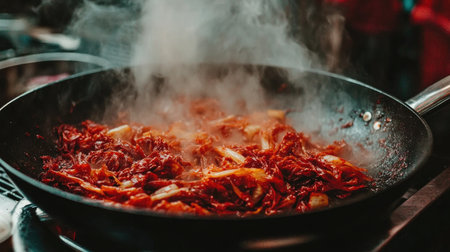 A close-up view of flavorful spicy kimchi cooking in a pan, surrounded by aromatic steam. The vibrant colors and textures highlight this traditional Asian dish, perfect for food lovers.の素材