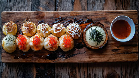 A stunning arrangement of sushi, featuring vibrant colors and textures, served on a wooden board with sauces, perfect for food lovers and culinary enthusiasts.の素材
