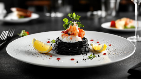 A beautifully presented dish featuring black pasta topped with succulent shrimp and garnished with herbs and lemon, perfect for gourmet dining experiences.の素材