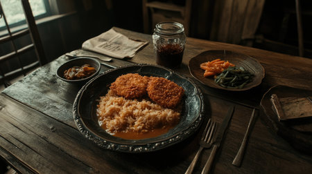 A rustic table setting featuring a comforting meal with rice, vegetables, and crispy patties. Perfect for conveying warmth and homecooked comfort.の素材