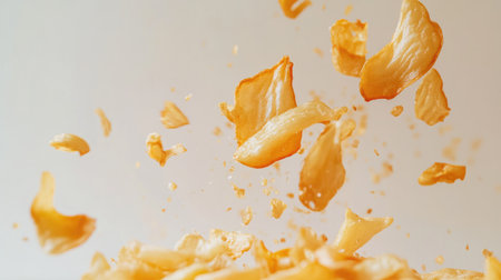 A dynamic image of crispy food pieces flying through the air, showcasing vibrant colors and textures, perfect for illustrating snack time or culinary creativity.の素材
