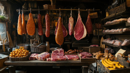 Explore a rustic market featuring fresh meats hanging alongside vibrant produce. This inviting display captures the essence of traditional food vendors.の素材