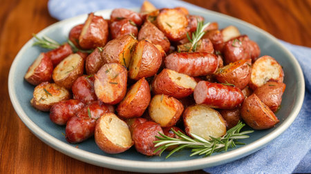 Enjoy this delightful plate of savory roasted potatoes and sausages, garnished with fresh herbs. Perfect for meals, snacks, or gatherings.の素材