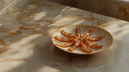 A beautifully arranged plate of crispy bacon strips sits on a luxurious marble surface, showcasing an appetizing and elegant breakfast or snack option.の素材
