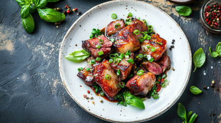 A tempting plate of grilled meat garnished with fresh herbs and spices, showcasing vibrant colors and tantalizing textures that invite delicious flavors.の素材