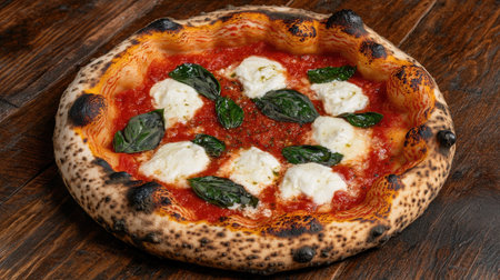 A mouthwatering pizza featuring fresh basil and creamy mozzarella on a perfectly baked crust, ideal for any meal or gathering.の素材