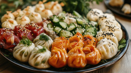 Explore a vibrant platter of assorted dumplings featuring rich colors and textures, perfect for Asian cuisine lovers seeking a delightful dining experience.の素材