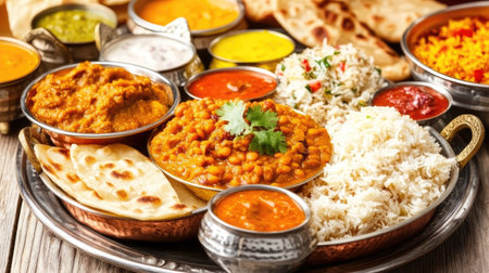 A vibrant Indian food spread featuring rich curries, fragrant rice, and fresh naan, served in traditional bowls, perfect for a family meal or gathering.の素材