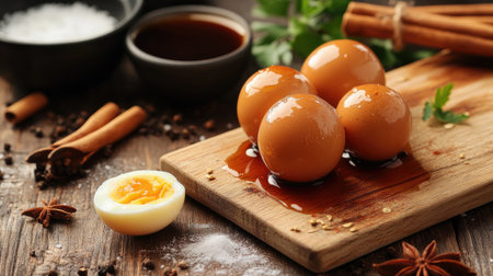 A beautifully arranged scene of glazed eggs on a wooden board, featuring spices and sauces, perfect for food enthusiasts and culinary presentation.の素材