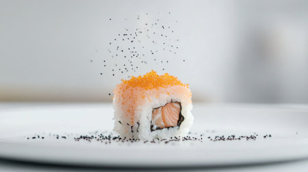 Close-up of a vibrant sushi roll featuring salmon and roe, presented elegantly on a white plate, highlighting the artistry of Japanese cuisine and fresh ingredients.の素材