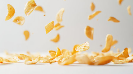 A dynamic image of crispy potato chips falling in the air, showcasing a playful and indulgent snack experience against a clean white backdrop. Perfect for food-related themes.の素材